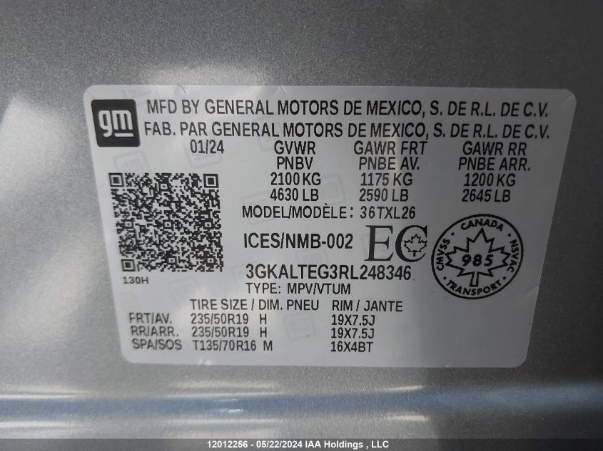 2024 GMC Terrain VIN: 3GKALTEG3RL248346 Lot: 12012256