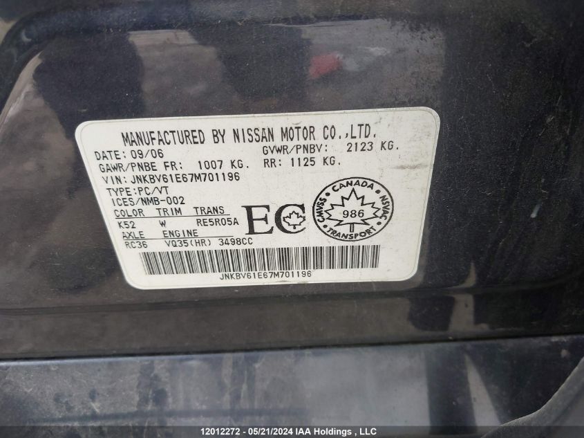 2007 Infiniti G35 VIN: JNKBV61E67M701196 Lot: 12012272