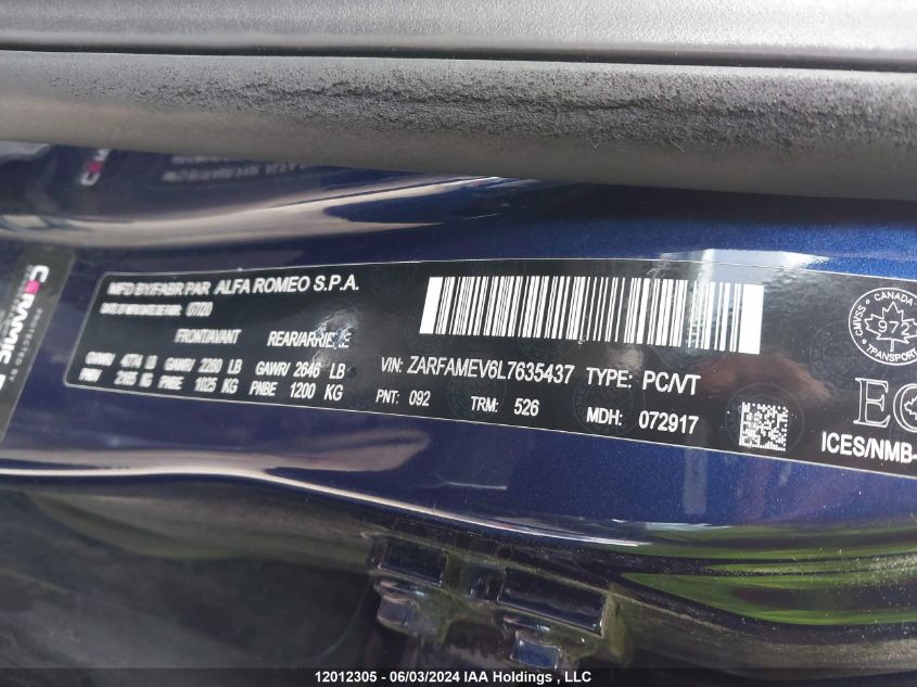2020 Alfa Romeo Giulia Quadrifoglio Rwd VIN: ZARFAMEV6L7635437 Lot: 12012305