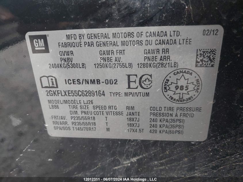 2012 GMC Terrain VIN: 2GKFLXE55C6289164 Lot: 12012311