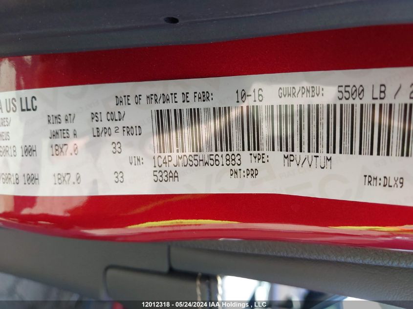 2017 Jeep Cherokee Limited VIN: 1C4PJMDS5HW561883 Lot: 12012318