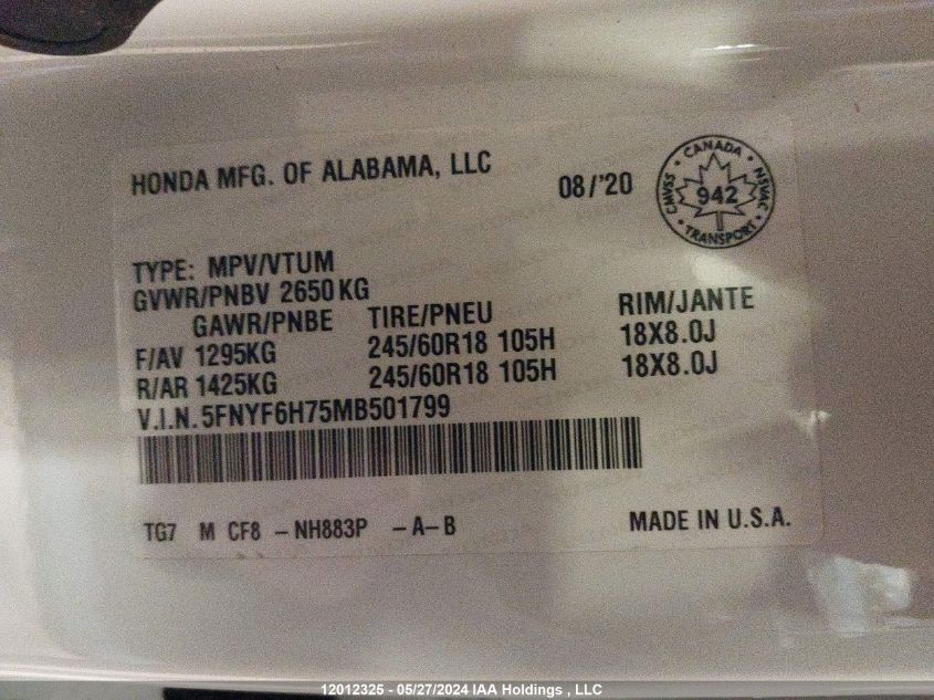 2021 Honda Pilot Black VIN: 5FNYF6H75MB501799 Lot: 12012325