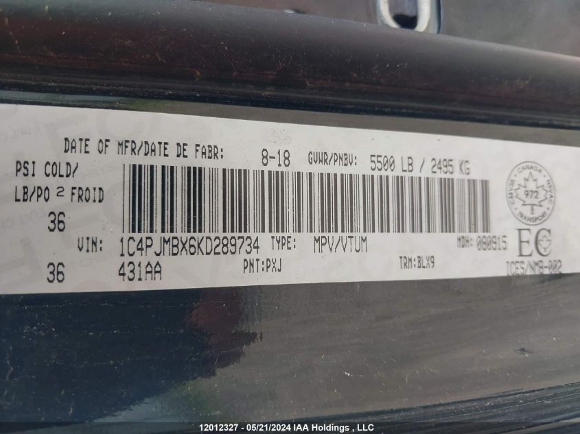 2019 Jeep Cherokee Trailhawk VIN: 1C4PJMBX6KD289734 Lot: 12012327