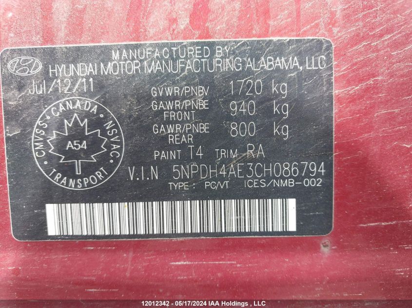 2012 Hyundai Elantra Gls/Limited VIN: 5NPDH4AE3CH086794 Lot: 12012342