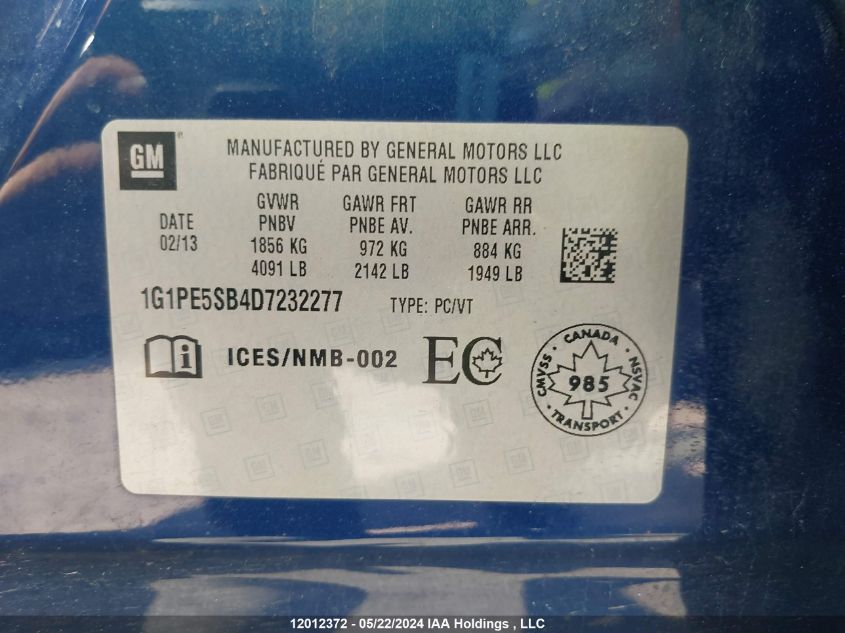 2013 Chevrolet Cruze Lt VIN: 1G1PE5SB4D7232277 Lot: 12012372