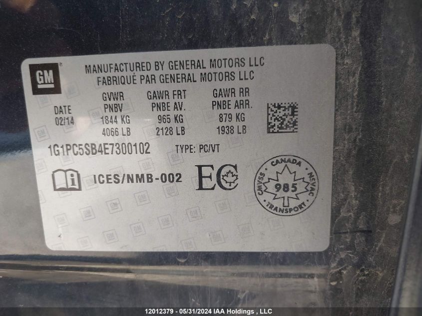 2014 Chevrolet Cruze VIN: 1G1PC5SB4E7300102 Lot: 12012379