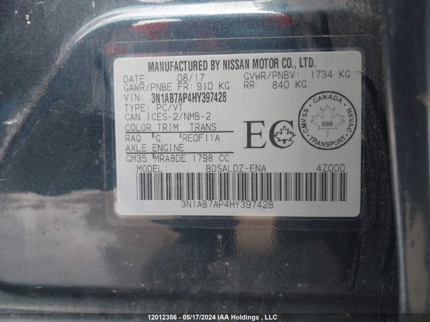 2017 Nissan Sentra VIN: 3N1AB7AP4HY397428 Lot: 12012386