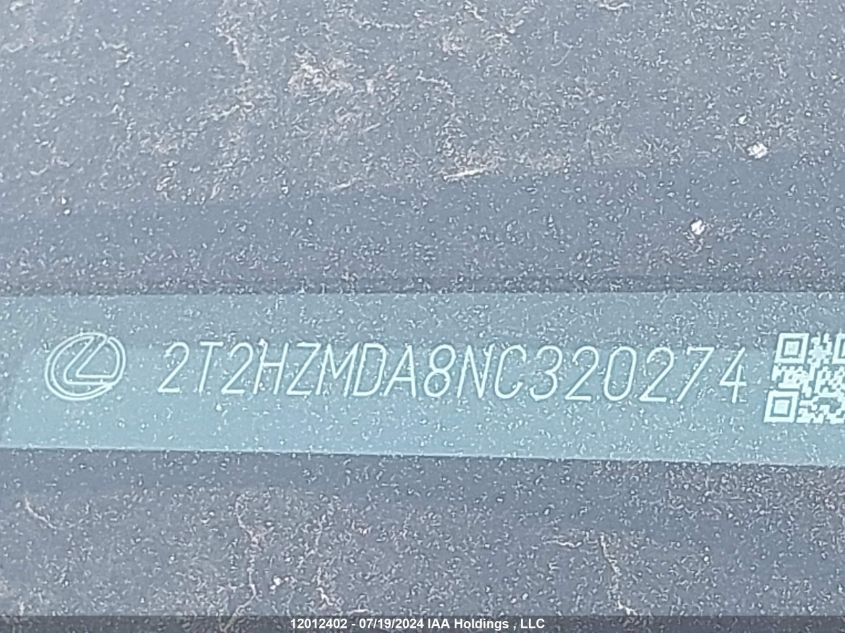 2022 Lexus Rx 350 VIN: 2T2HZMDA8NC320274 Lot: 12012402