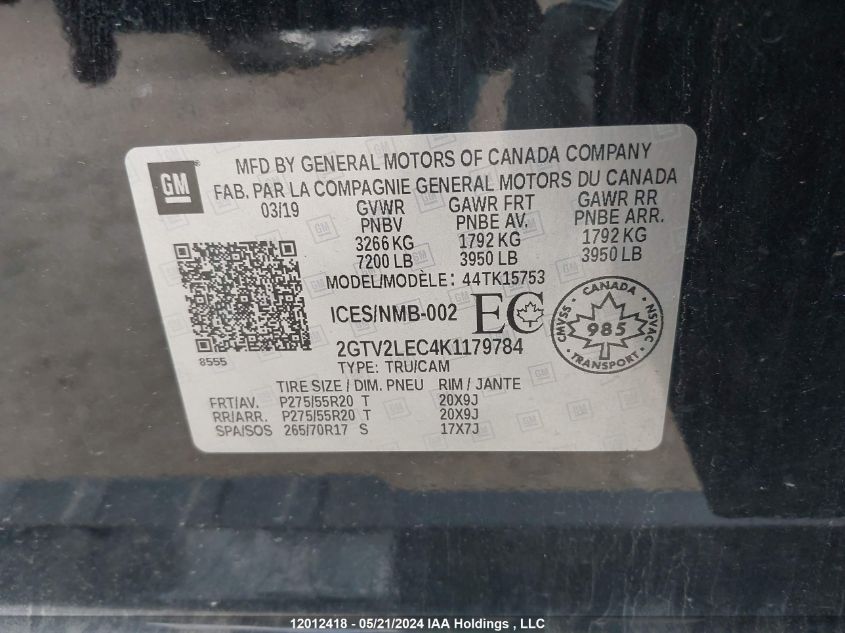 2019 GMC Sierra 1500 Limited VIN: 2GTV2LEC4K1179784 Lot: 12012418