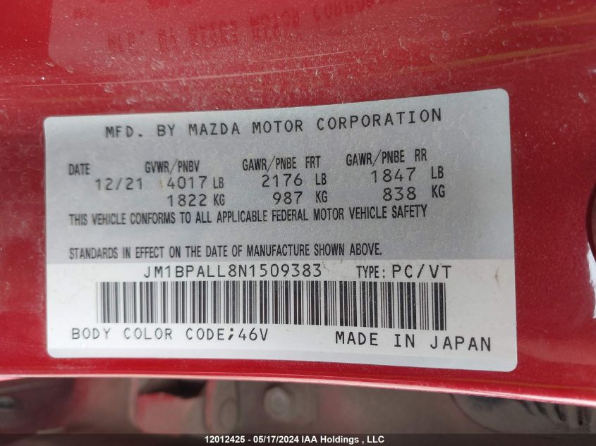 2022 Mazda Mazda3 Sport VIN: JM1BPALL8N1509383 Lot: 12012425