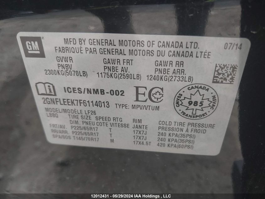 2015 Chevrolet Equinox VIN: 2GNFLEEK7F6114013 Lot: 12012431