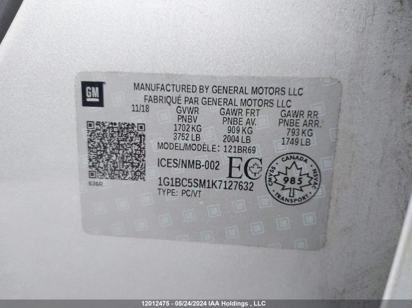 2019 Chevrolet Cruze VIN: 1G1BC5SM1K7127632 Lot: 12012475