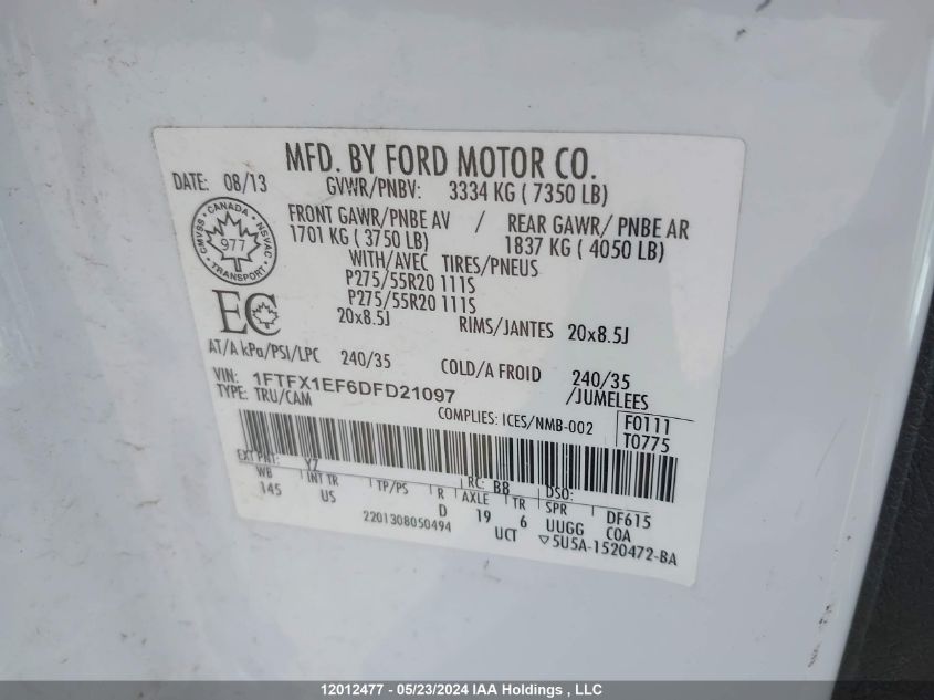 2013 Ford F150 Super Cab VIN: 1FTFX1EF6DFD21097 Lot: 12012477