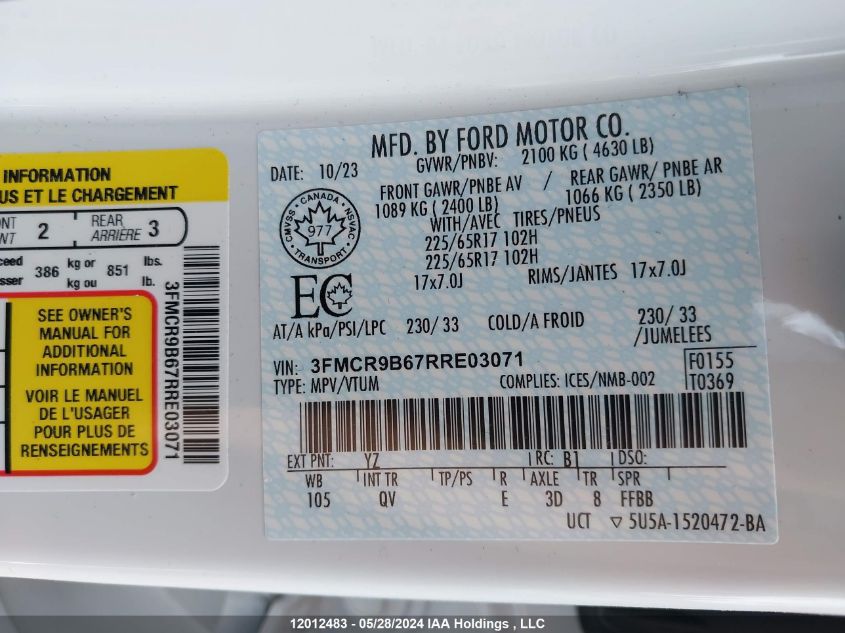 2024 Ford Bronco Sport Big Bend VIN: 3FMCR9B67RRE03071 Lot: 12012483