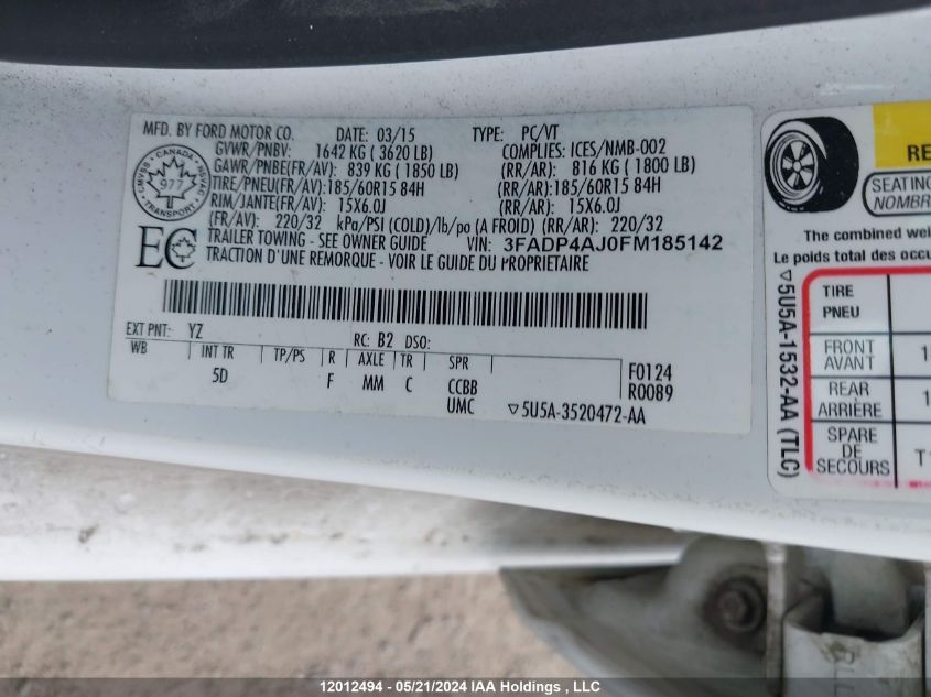 2015 Ford Fiesta S VIN: 3FADP4AJ0FM185142 Lot: 12012494
