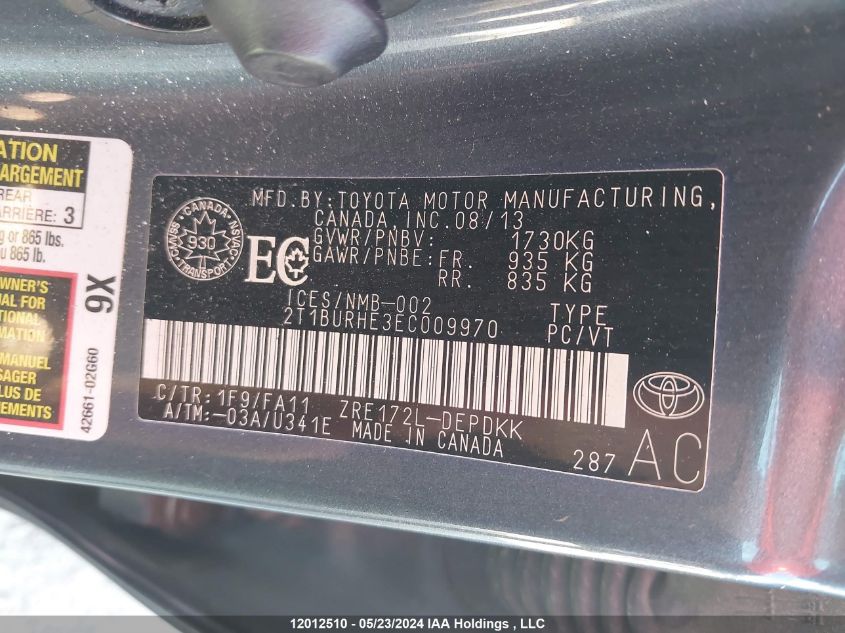 2014 Toyota Corolla L/Le/Le Pls/Prm/S/S Pls VIN: 2T1BURHE3EC009970 Lot: 12012510