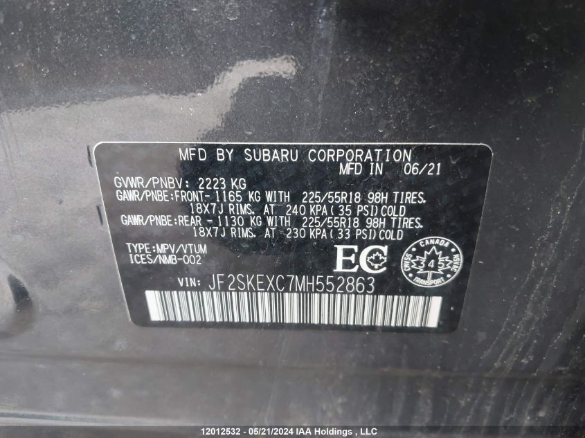 2021 Subaru Forester VIN: JF2SKEXC7MH552863 Lot: 12012532