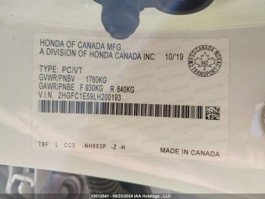 2020 Honda Civic Si Si VIN: 2HGFC1E59LH200193 Lot: 12012541