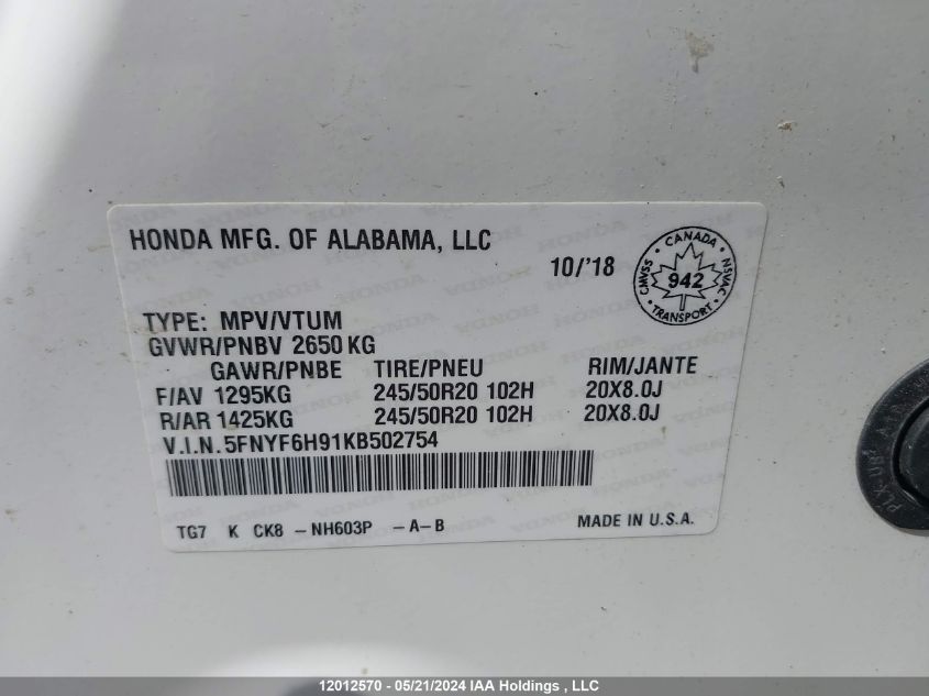 2019 Honda Pilot VIN: 5FNYF6H91KB502754 Lot: 12012570