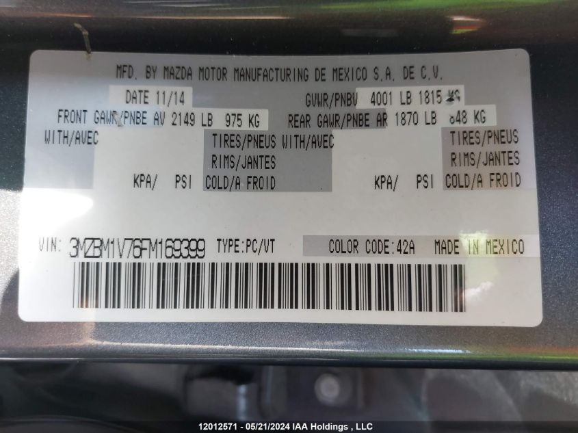 2015 Mazda Mazda3 VIN: 3MZBM1V76FM169399 Lot: 12012571