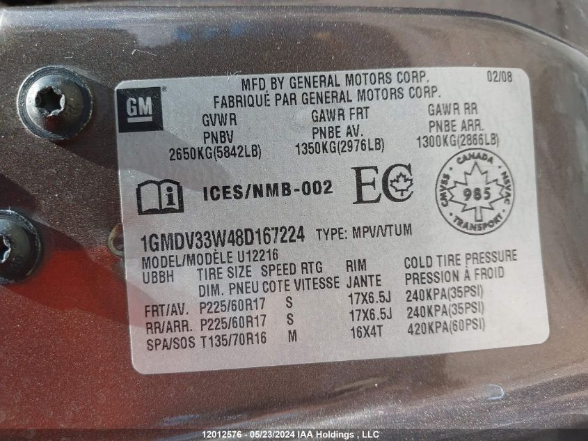 2008 Pontiac Montana Sv6 VIN: 1GMDV33W48D167224 Lot: 12012576