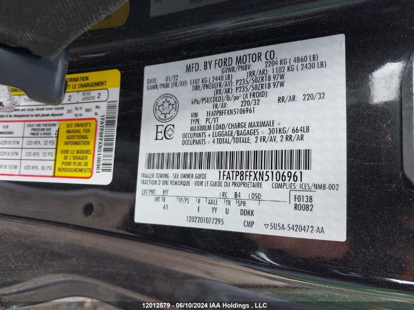 2022 Ford Mustang VIN: 1FATP8FFXN5106961 Lot: 12012579