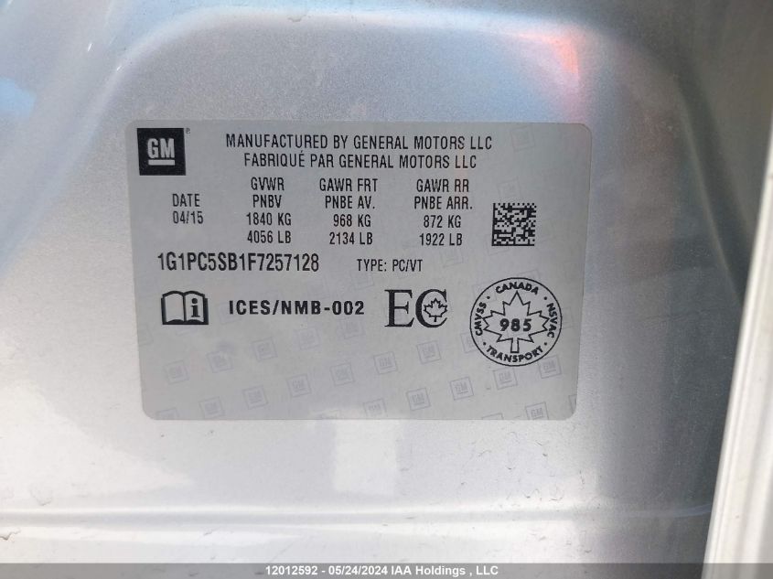 2015 Chevrolet Cruze VIN: 1G1PC5SB1F7257128 Lot: 12012592