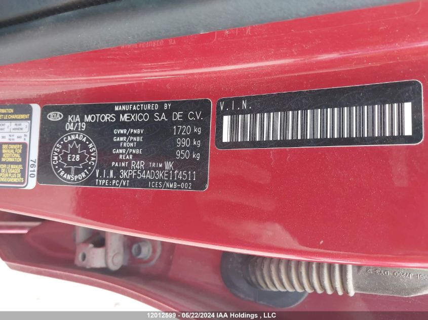 2019 Kia Forte VIN: 3KPF54AD3KE114511 Lot: 12012599