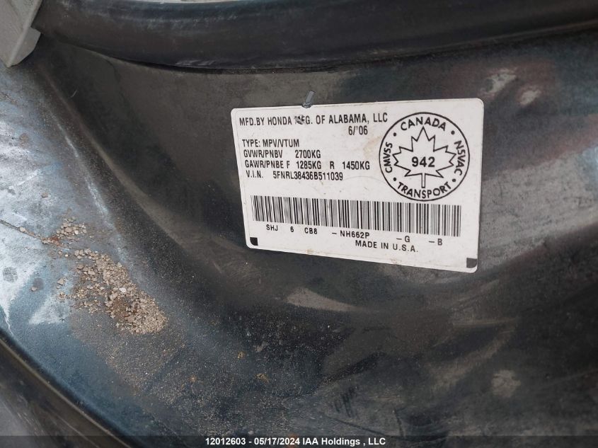 2006 Honda Odyssey Ex VIN: 5FNRL38436B511039 Lot: 12012603