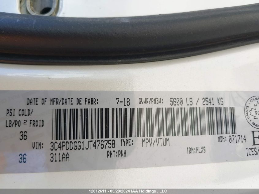 2018 Dodge Journey Crossroad VIN: 3C4PDDGG1JT476758 Lot: 12012611