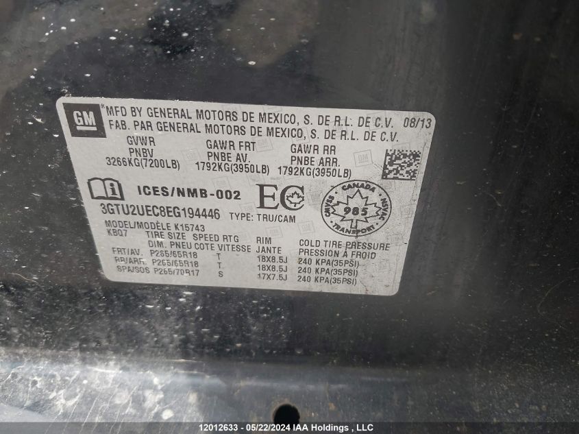 2014 GMC Sierra K1500 Sle VIN: 3GTU2UEC8EG194446 Lot: 12012633