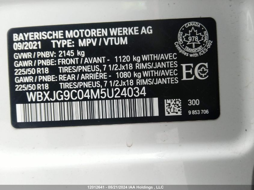 2021 BMW X1 xDrive28I VIN: WBXJG9C04M5U24034 Lot: 12012641