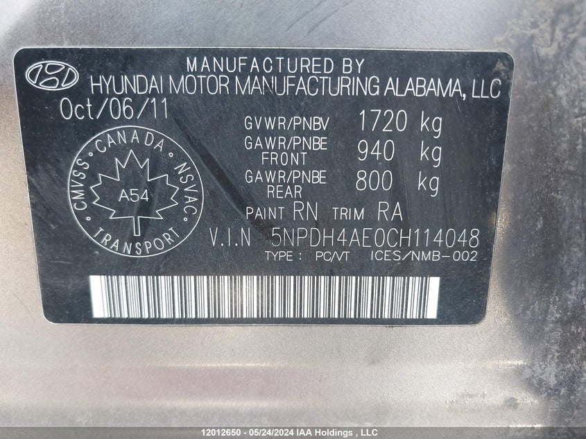 2012 Hyundai Elantra Gl VIN: 5NPDH4AE0CH114048 Lot: 12012650