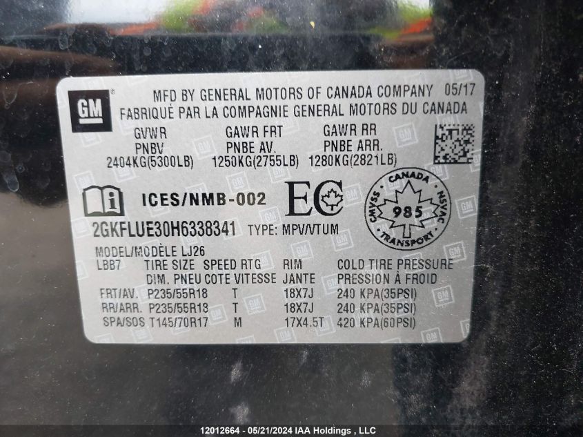 2017 GMC Terrain VIN: 2GKFLUE30H6338341 Lot: 12012664