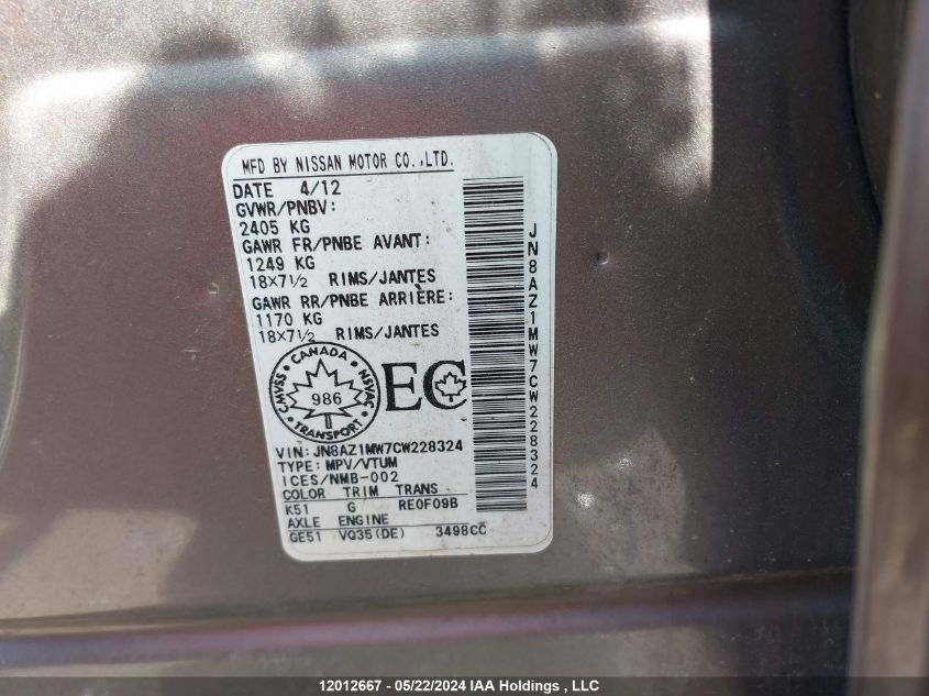 2012 Nissan Murano VIN: JN8AZ1MW7CW228324 Lot: 12012667