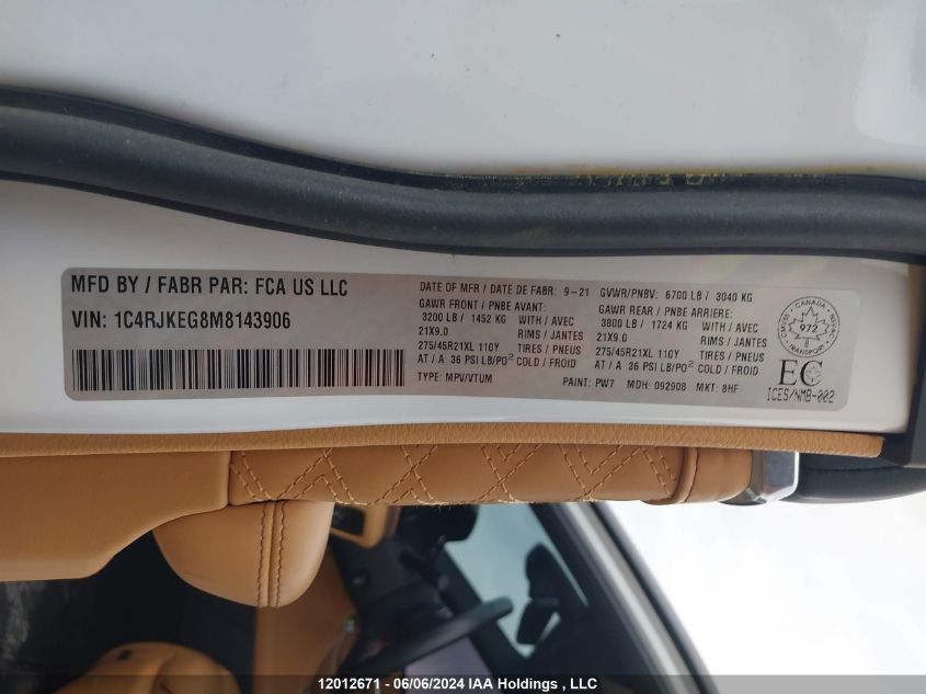 2021 Jeep Grand Cherokee VIN: 1C4RJKEG8M8143906 Lot: 12012671