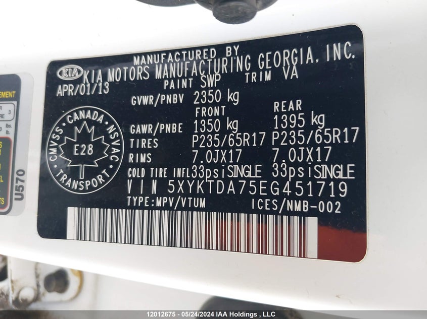 2014 Kia Sorento VIN: 5XYKTDA75EG451719 Lot: 12012675