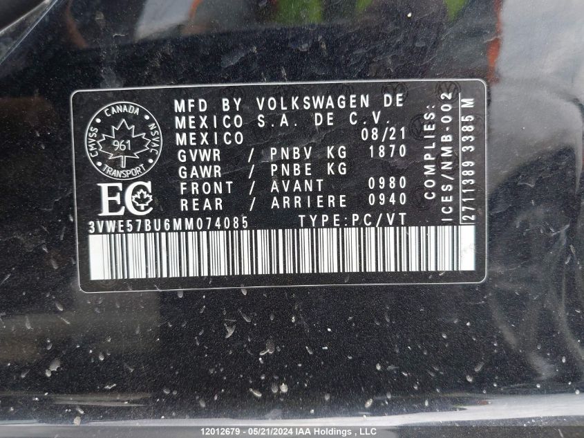 2021 Volkswagen Jetta VIN: 3VWE57BU6MM074085 Lot: 12012679