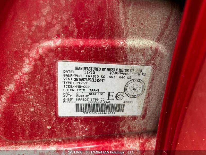 2014 Nissan Sentra S/Sv/Sr/Sl VIN: 3N1AB7AP2EL615441 Lot: 12012690