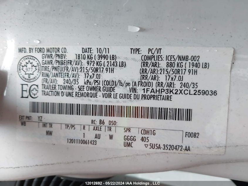 2012 Ford Focus Se VIN: 1FAHP3K2XCL259036 Lot: 12012692