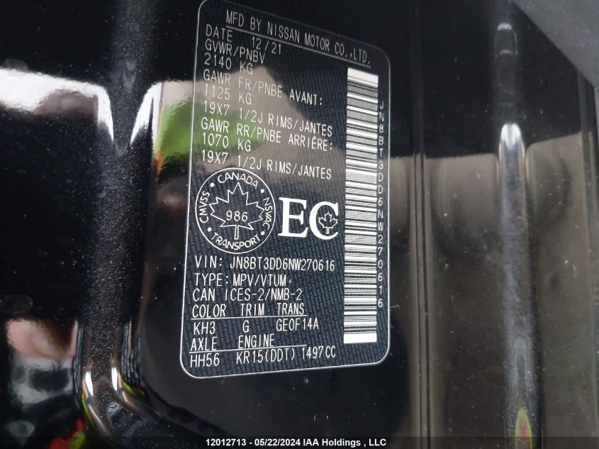 2022 Nissan Rogue Platinum VIN: JN8BT3DD6NW270616 Lot: 12012713