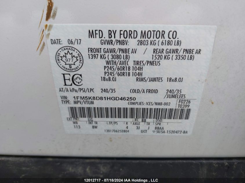 2017 Ford Explorer Xlt VIN: 1FM5K8D81HGD46250 Lot: 12012717