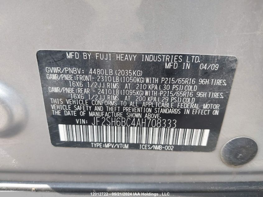 2010 Subaru Forester VIN: JF2SH6BC4AH708333 Lot: 12012722