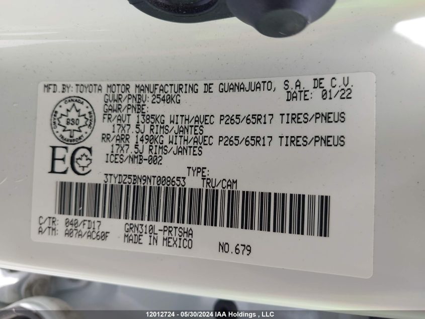 2022 Toyota Tacoma Double Cab/Sr5/Trd Sport/Trd Off Road VIN: 3TYDZ5BN9NT008653 Lot: 12012724