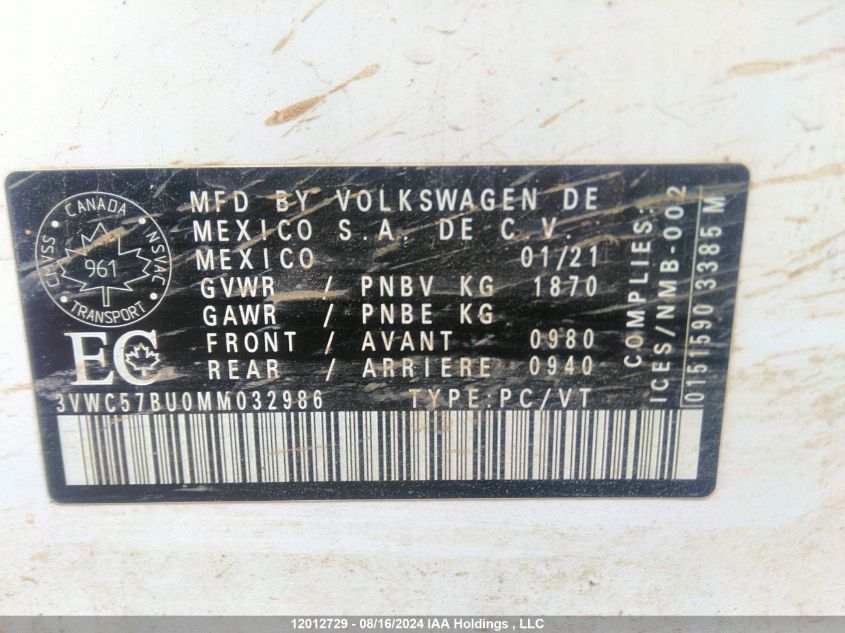 2021 Volkswagen Jetta VIN: 3VWC57BU0MM032986 Lot: 12012729