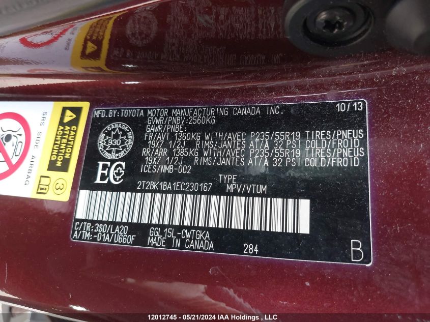 2014 Lexus Rx 350/Base/F Sport VIN: 2T2BK1BA1EC230167 Lot: 12012745