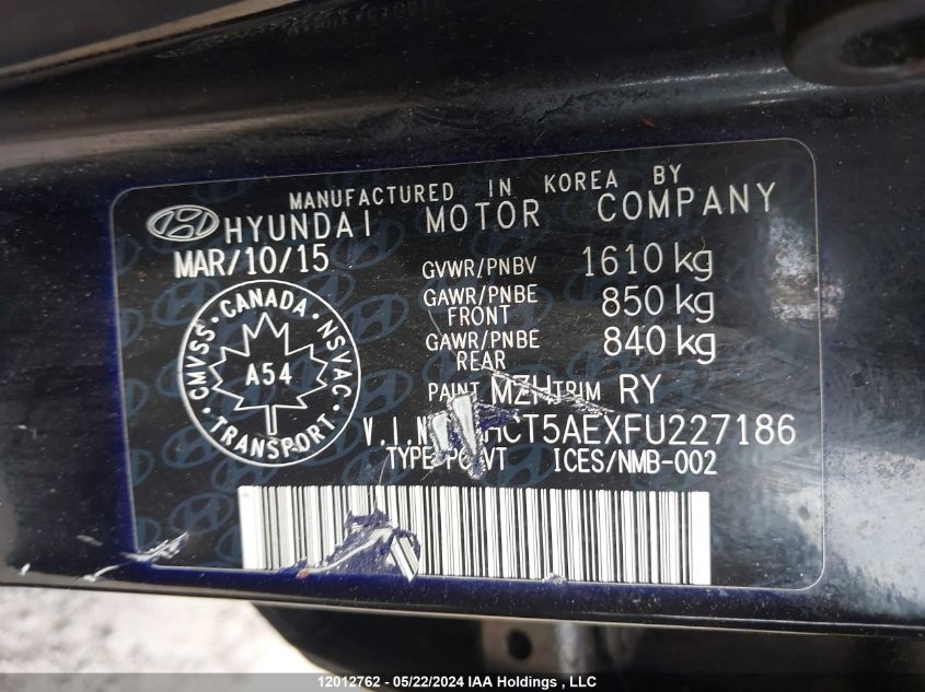 2015 Hyundai Accent Gl VIN: KMHCT5AEXFU227186 Lot: 12012762