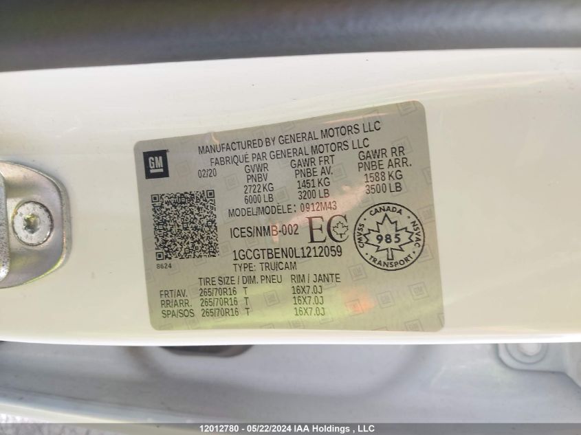 2020 Chevrolet Colorado VIN: 1GCGTBEN0L1212059 Lot: 12012780