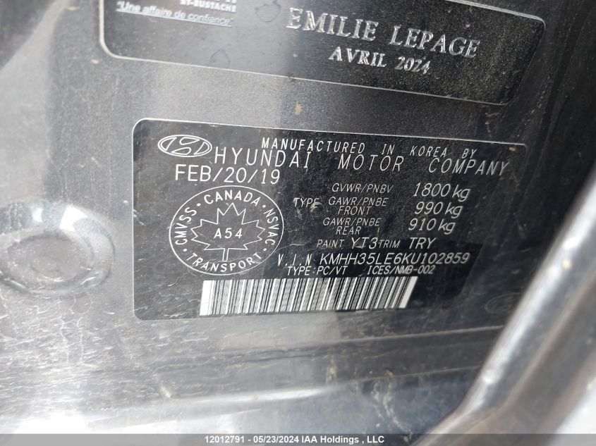 2019 Hyundai Elantra Gt VIN: KMHH35LE6KU102859 Lot: 12012791