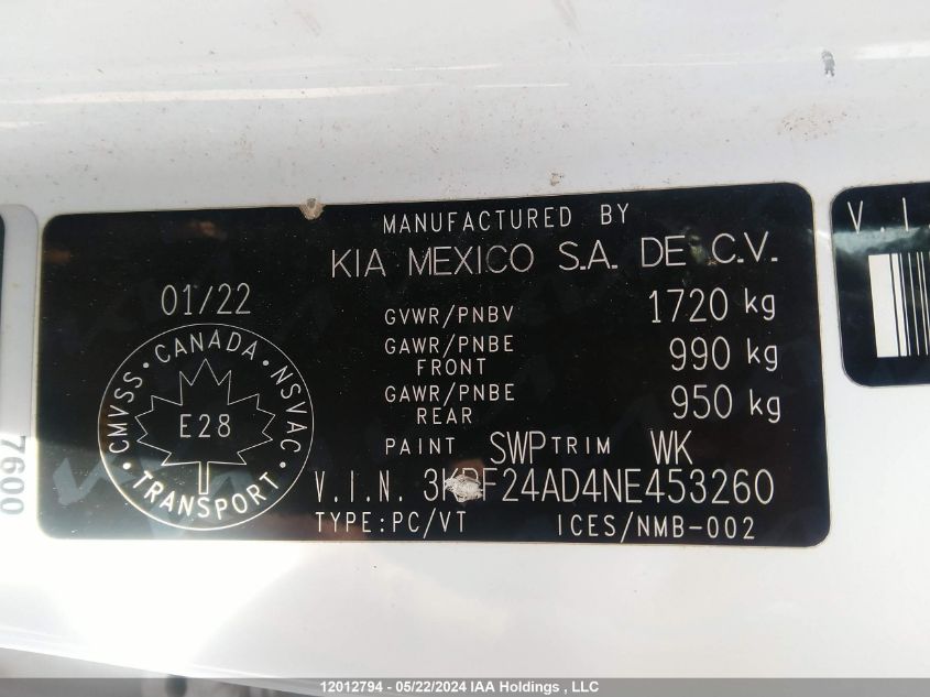 2022 Kia Forte VIN: 3KPF24AD4NE453260 Lot: 12012794